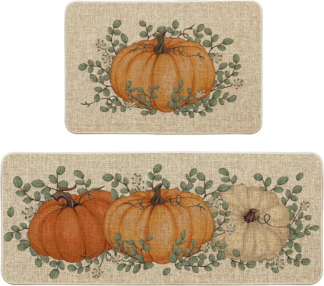 imageArtoid Mode Pumpkin Eucalyptus Fall Kitchen Mats Set of 2 Home Decor LowProfile Kitchen Rugs for Floor 17x29 and 17x47 InchOrange