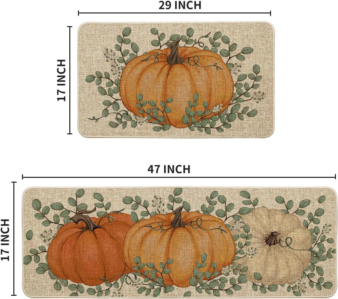 imageArtoid Mode Pumpkin Eucalyptus Fall Kitchen Mats Set of 2 Home Decor LowProfile Kitchen Rugs for Floor 17x29 and 17x47 InchOrange