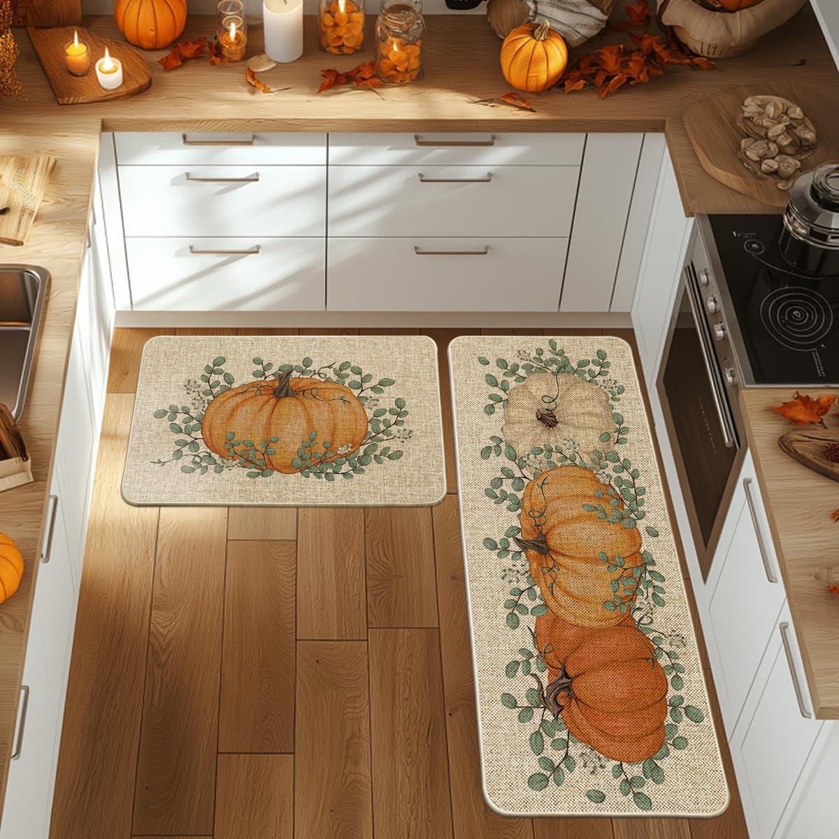 imageArtoid Mode Pumpkin Eucalyptus Fall Kitchen Mats Set of 2 Home Decor LowProfile Kitchen Rugs for Floor 17x29 and 17x47 InchOrange