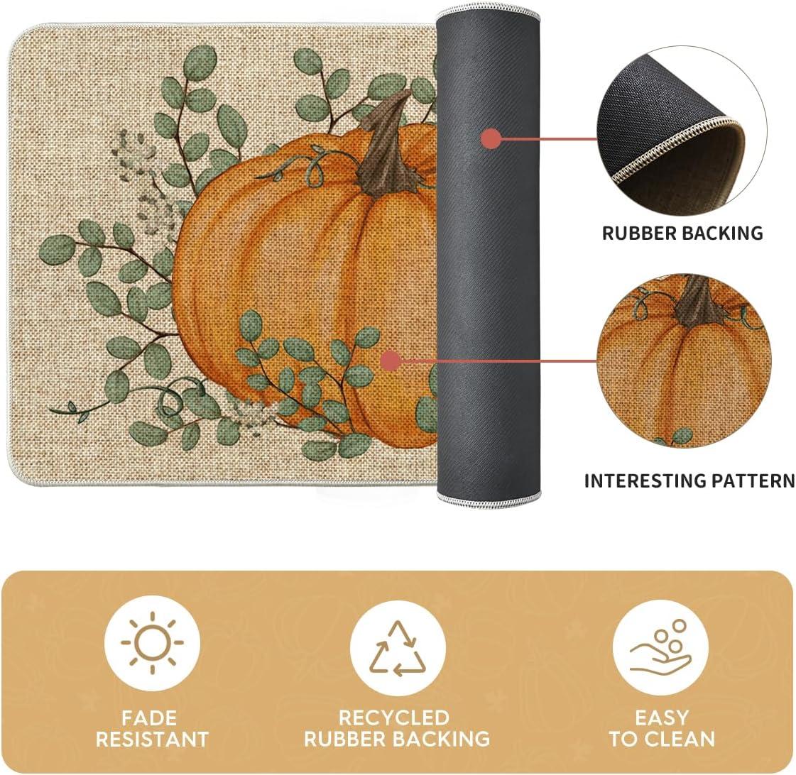 imageArtoid Mode Pumpkin Eucalyptus Fall Kitchen Mats Set of 2 Home Decor LowProfile Kitchen Rugs for Floor 17x29 and 17x47 InchOrange