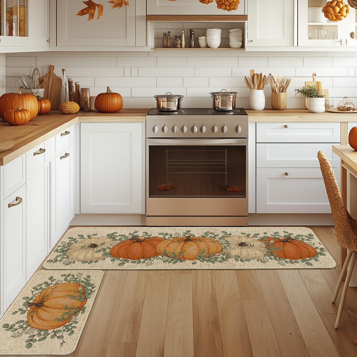 imageArtoid Mode Pumpkin Eucalyptus Fall Kitchen Mats Set of 2 Home Decor LowProfile Kitchen Rugs for Floor 17x29 and 17x47 InchOrange