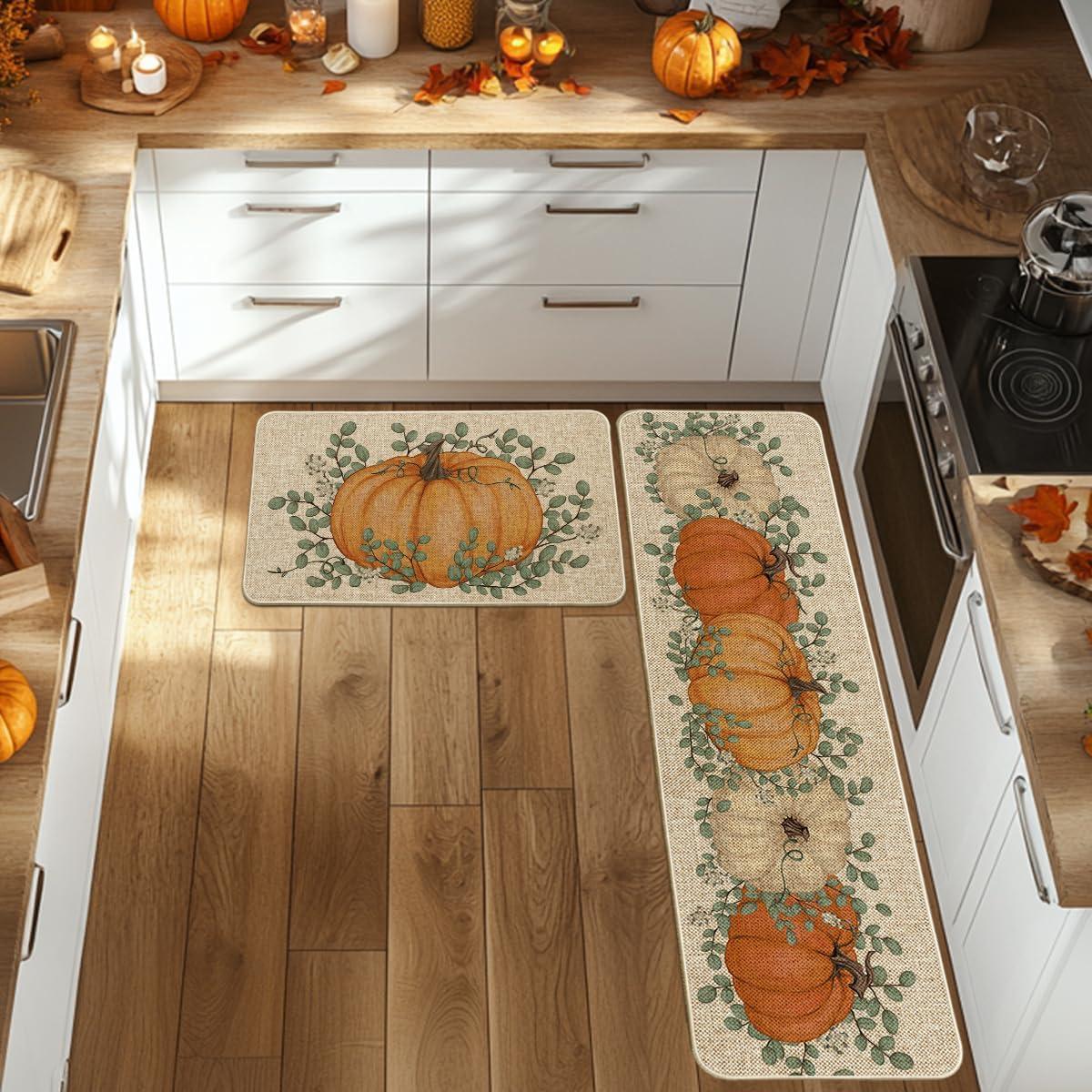imageArtoid Mode Pumpkin Eucalyptus Fall Kitchen Mats Set of 2 Home Decor LowProfile Kitchen Rugs for Floor 17x29 and 17x47 InchOrange