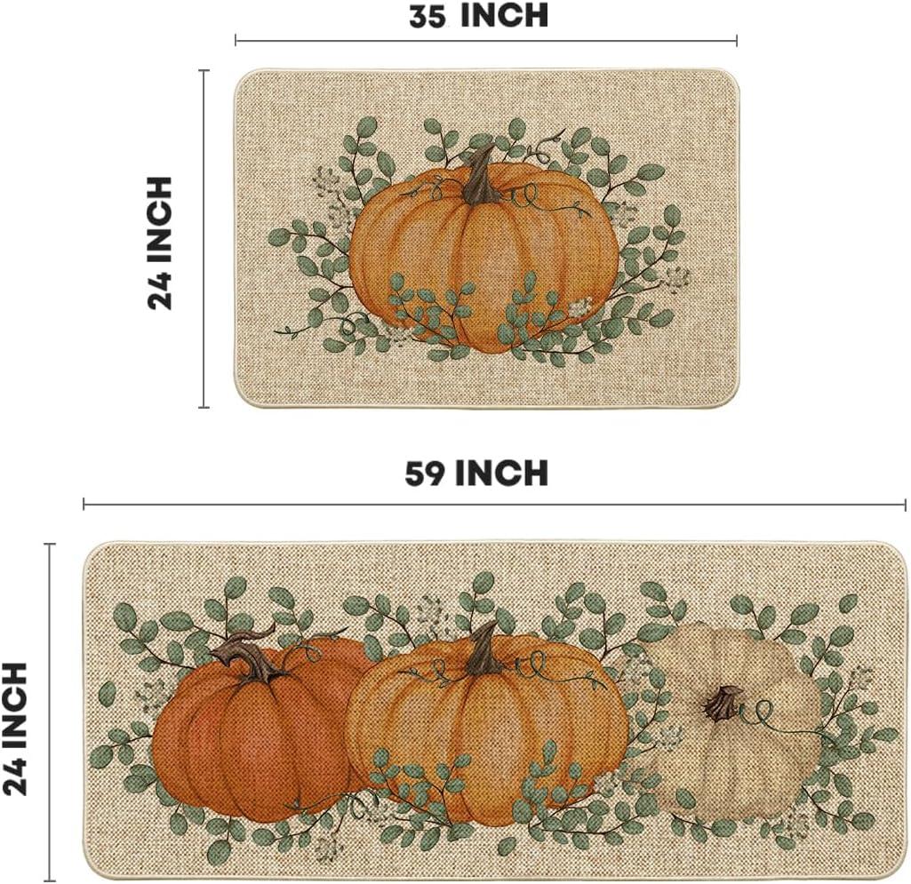 imageArtoid Mode Pumpkin Eucalyptus Fall Kitchen Mats Set of 2 Home Decor LowProfile Kitchen Rugs for Floor 17x29 and 17x47 InchOrange