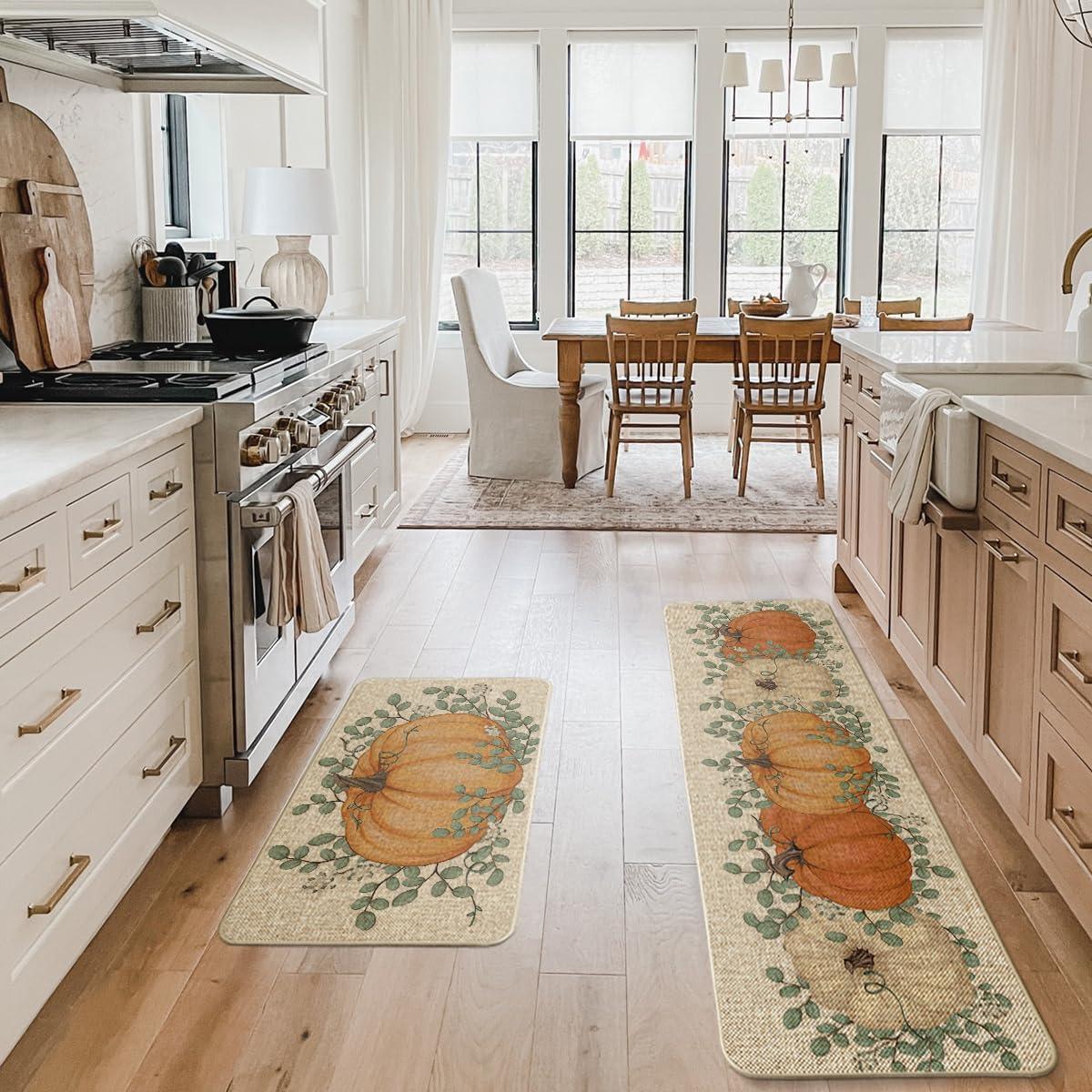 imageArtoid Mode Pumpkin Eucalyptus Fall Kitchen Mats Set of 2 Home Decor LowProfile Kitchen Rugs for Floor 17x29 and 17x47 InchOrange