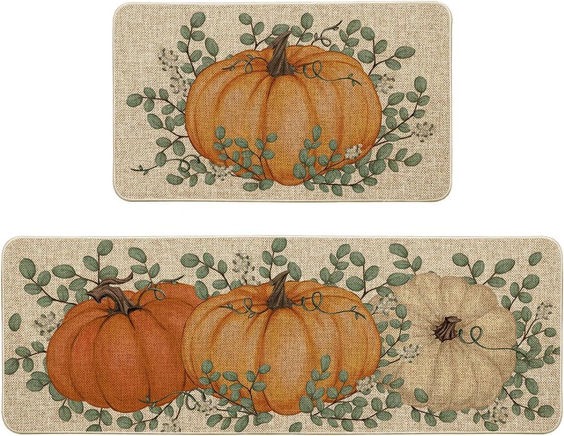 imageArtoid Mode Pumpkin Eucalyptus Fall Kitchen Mats Set of 2 Home Decor LowProfile Kitchen Rugs for Floor 17x29 and 17x47 InchOrange