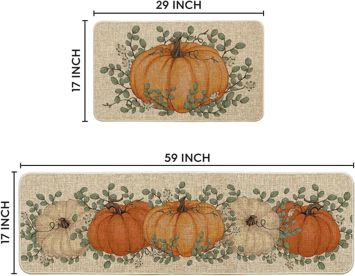 imageArtoid Mode Pumpkin Eucalyptus Fall Kitchen Mats Set of 2 Home Decor LowProfile Kitchen Rugs for Floor 17x29 and 17x47 InchOrange