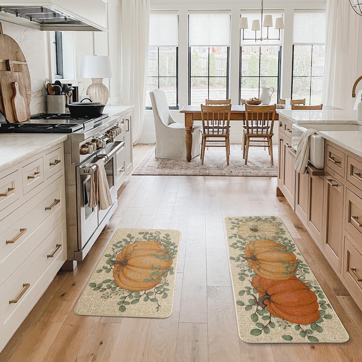 imageArtoid Mode Pumpkin Eucalyptus Fall Kitchen Mats Set of 2 Home Decor LowProfile Kitchen Rugs for Floor 17x29 and 17x47 InchOrange