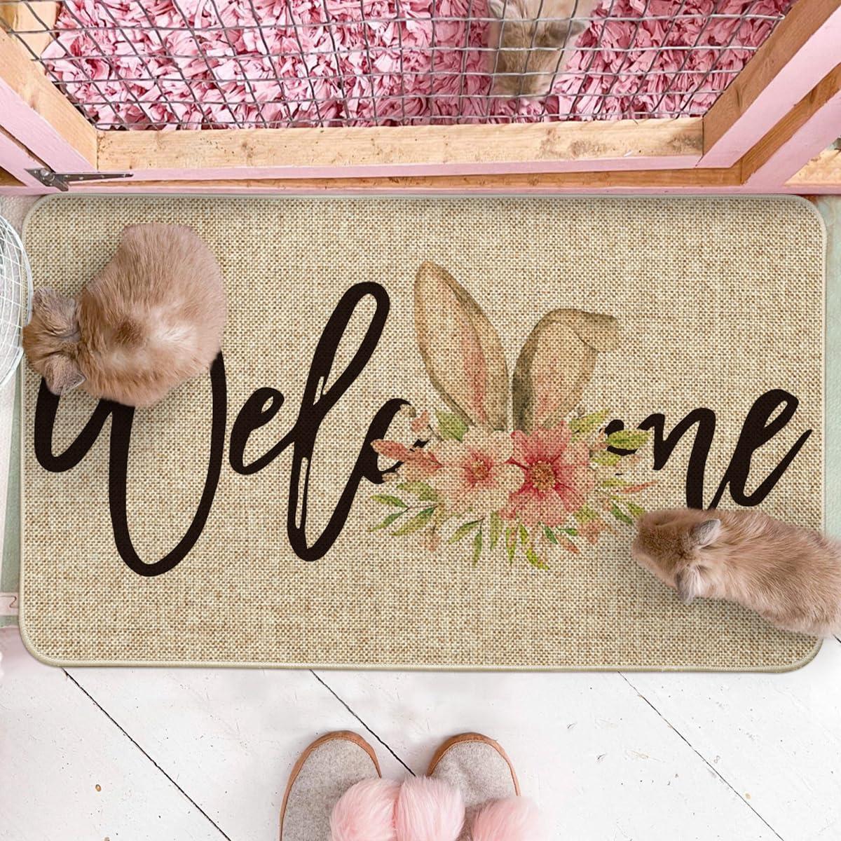 imageArtoid Mode Rabbit Flower Welcome Easter Doormat Seasonal Spring Home Decor LowProfile Switch Rug Door Mat Floor Mat for Indoor Outdoor 17x29 Inch