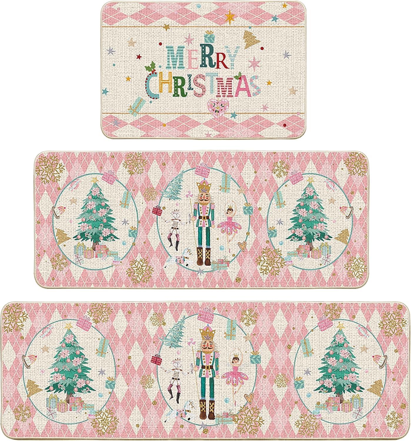 imageArtoid Mode Red Diamond Plaid Nutcracker Merry Christmas Kitchen Mats Set of 2 Winter Decor LowProfile Kitchen Rugs for Floor 17x29 and 17x47 InchPink