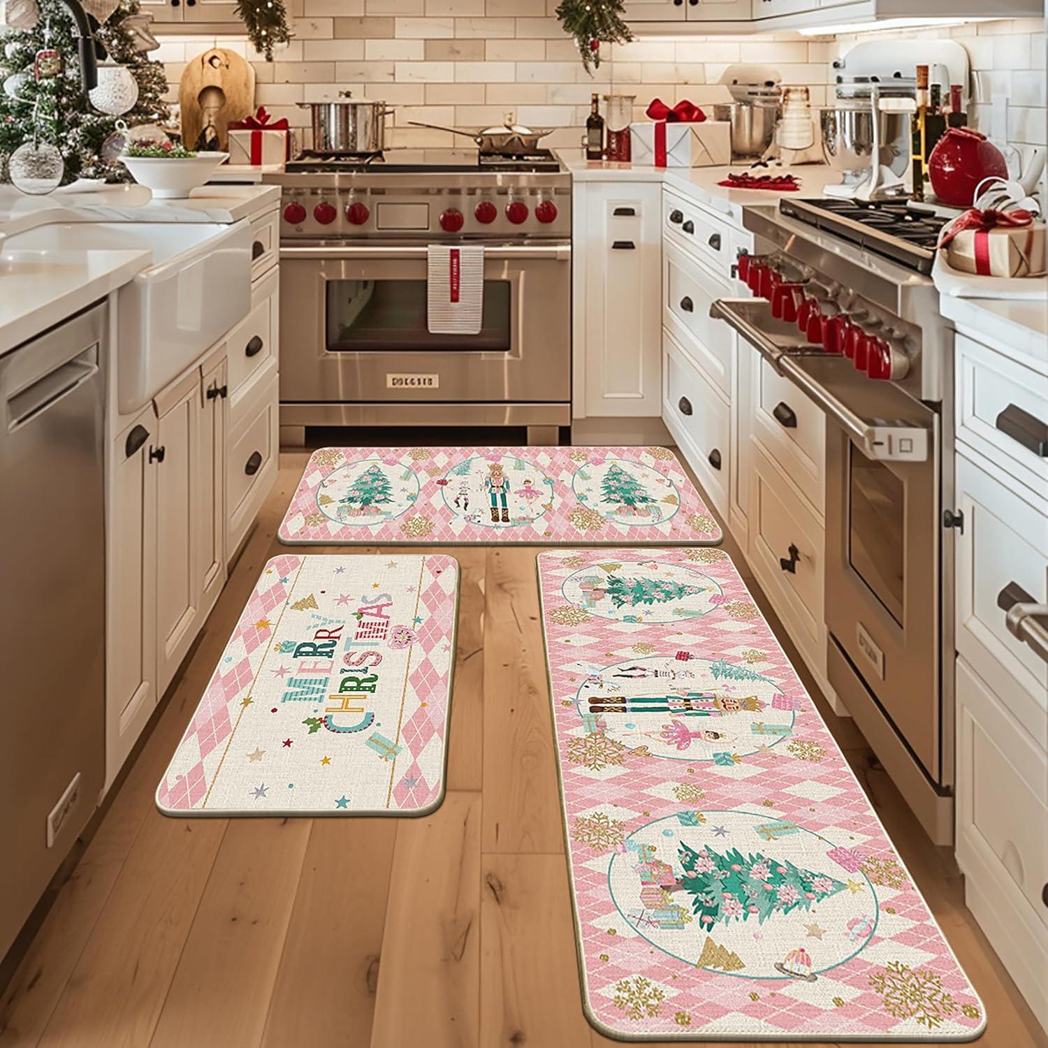 imageArtoid Mode Red Diamond Plaid Nutcracker Merry Christmas Kitchen Mats Set of 2 Winter Decor LowProfile Kitchen Rugs for Floor 17x29 and 17x47 InchPink