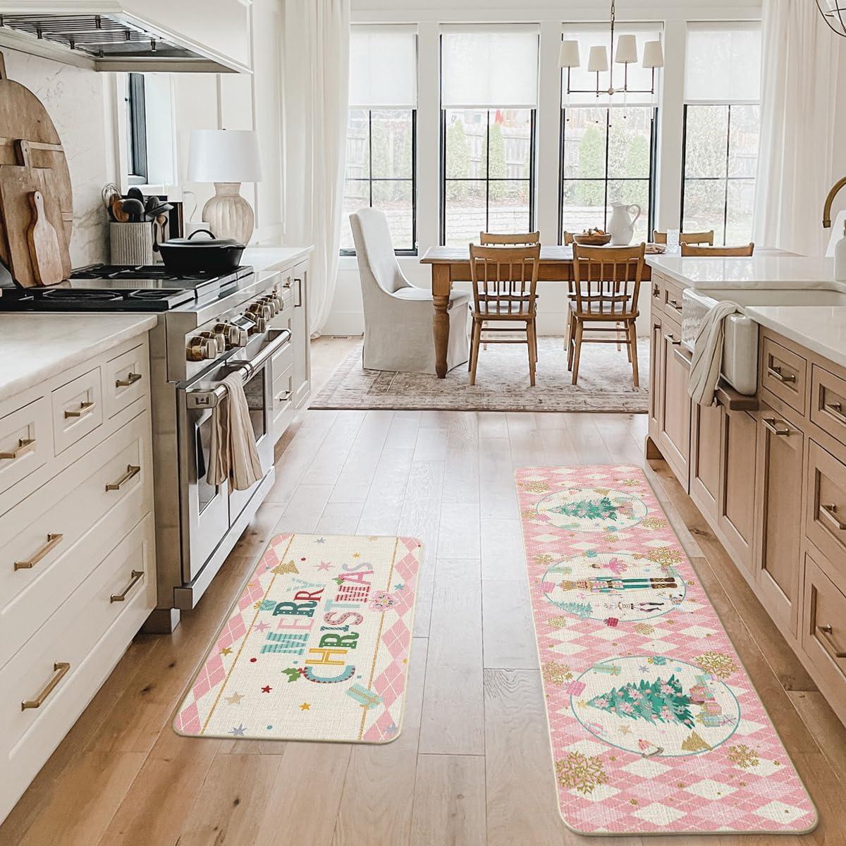 imageArtoid Mode Red Diamond Plaid Nutcracker Merry Christmas Kitchen Mats Set of 2 Winter Decor LowProfile Kitchen Rugs for Floor 17x29 and 17x47 InchPink