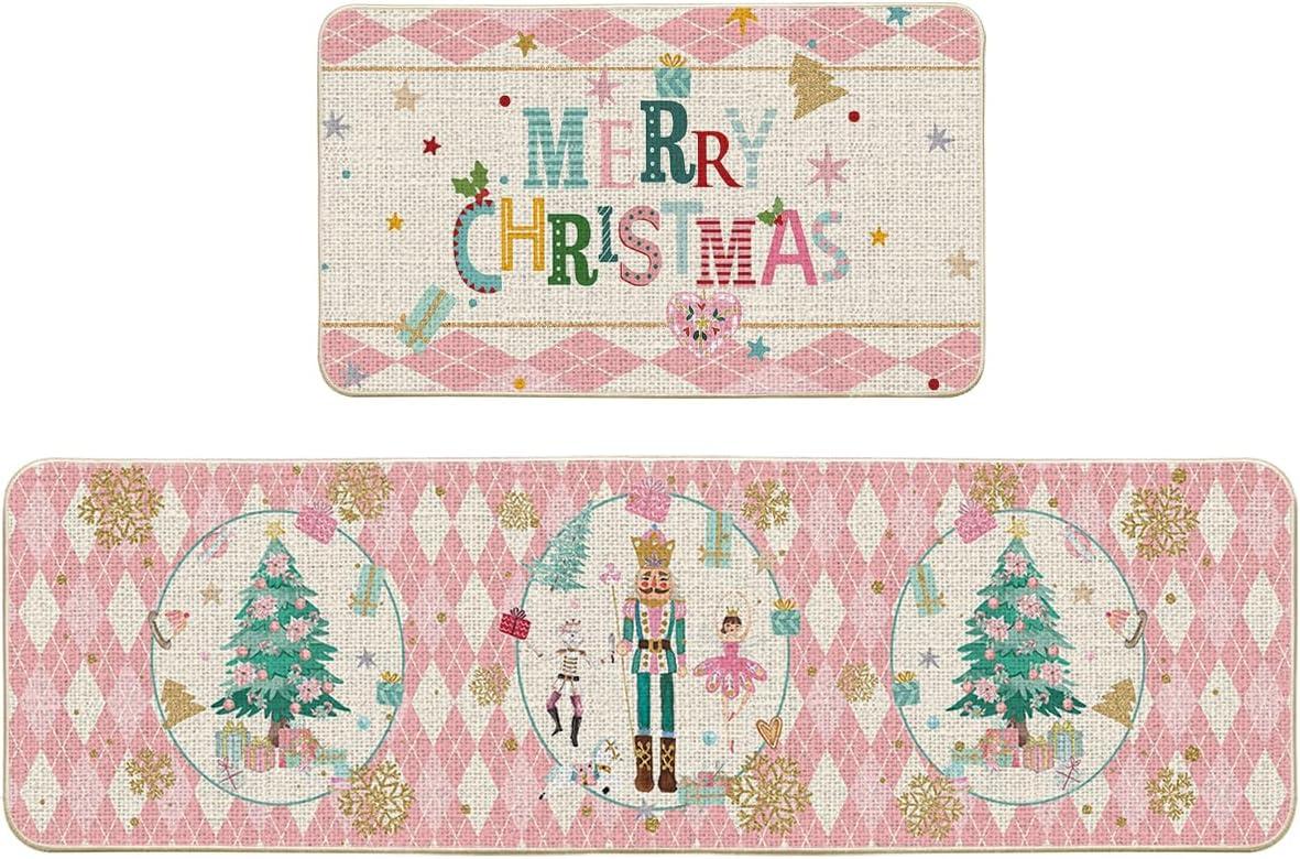 imageArtoid Mode Red Diamond Plaid Nutcracker Merry Christmas Kitchen Mats Set of 2 Winter Decor LowProfile Kitchen Rugs for Floor 17x29 and 17x47 InchPink