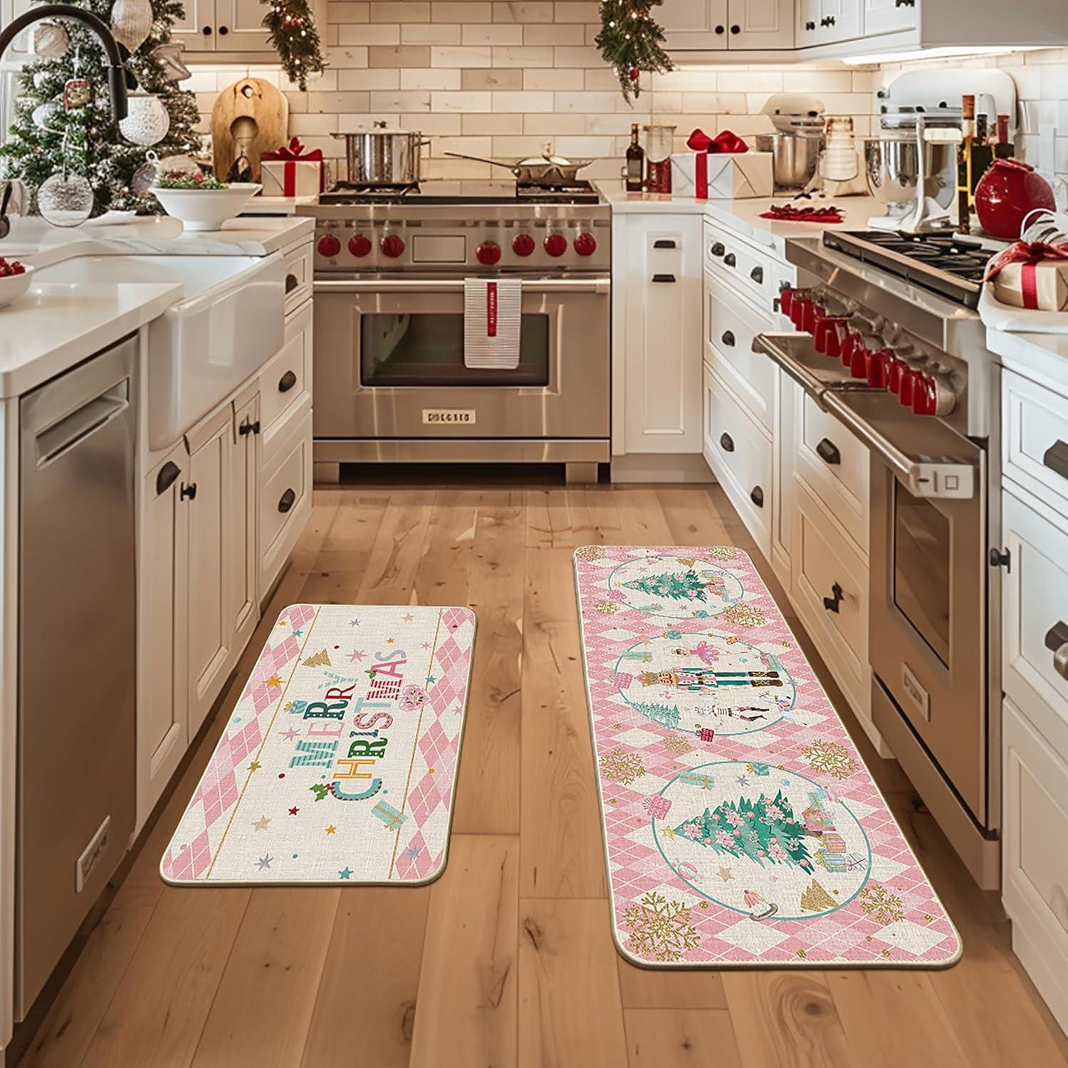 imageArtoid Mode Red Diamond Plaid Nutcracker Merry Christmas Kitchen Mats Set of 2 Winter Decor LowProfile Kitchen Rugs for Floor 17x29 and 17x47 InchPink