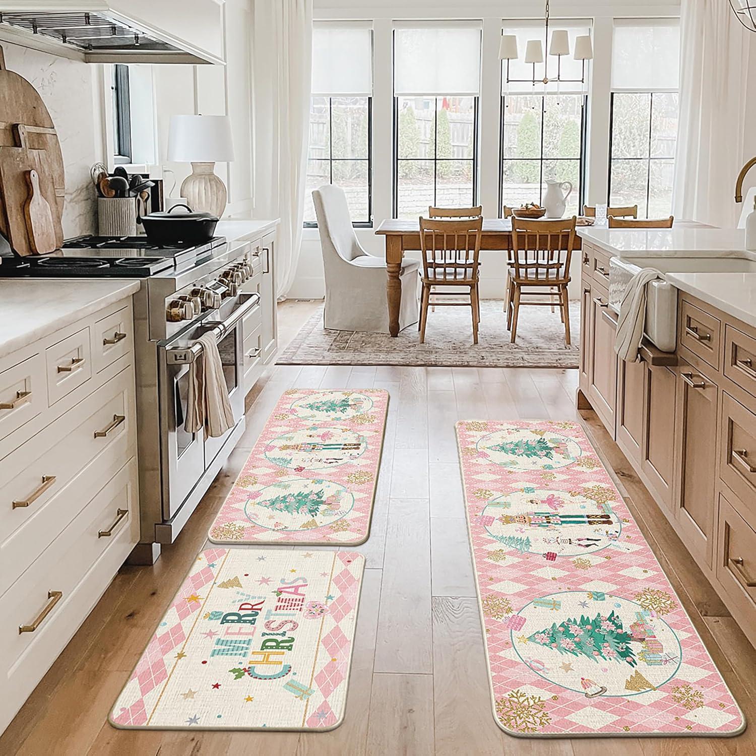 imageArtoid Mode Red Diamond Plaid Nutcracker Merry Christmas Kitchen Mats Set of 2 Winter Decor LowProfile Kitchen Rugs for Floor 17x29 and 17x47 InchPink