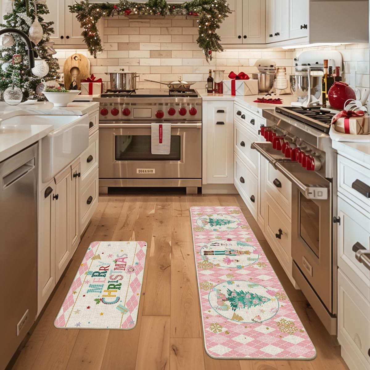 imageArtoid Mode Red Diamond Plaid Nutcracker Merry Christmas Kitchen Mats Set of 2 Winter Decor LowProfile Kitchen Rugs for Floor 17x29 and 17x47 InchPink