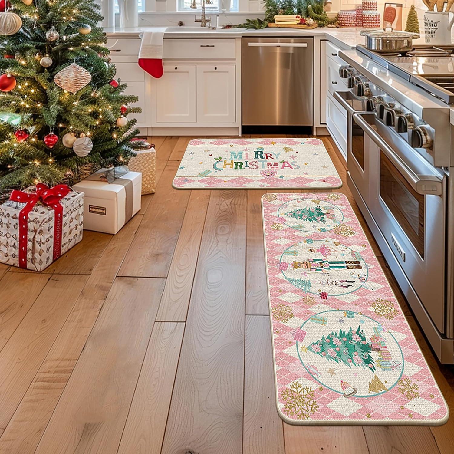 imageArtoid Mode Red Diamond Plaid Nutcracker Merry Christmas Kitchen Mats Set of 2 Winter Decor LowProfile Kitchen Rugs for Floor 17x29 and 17x47 InchPink