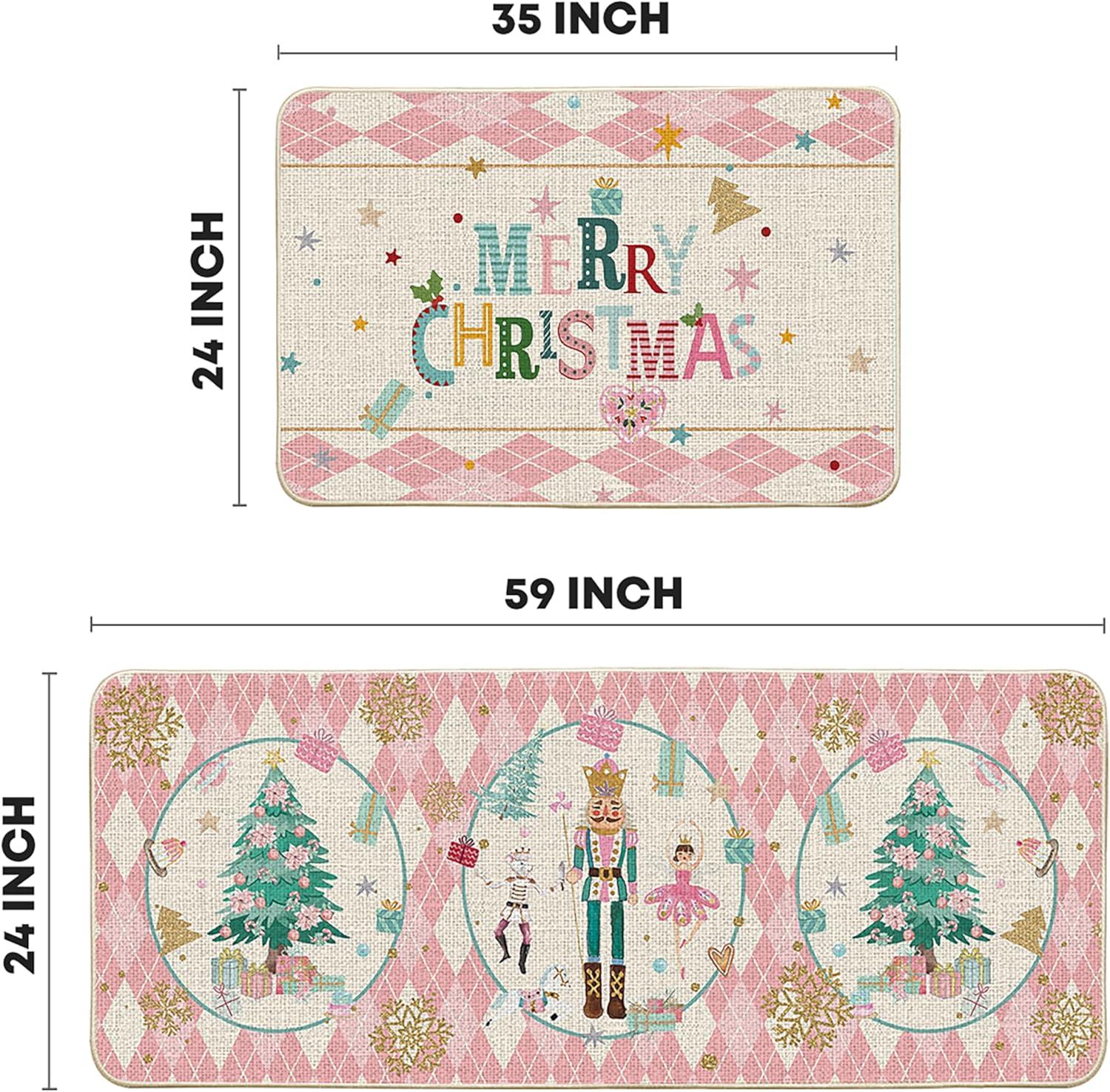 imageArtoid Mode Red Diamond Plaid Nutcracker Merry Christmas Kitchen Mats Set of 2 Winter Decor LowProfile Kitchen Rugs for Floor 17x29 and 17x47 InchPink