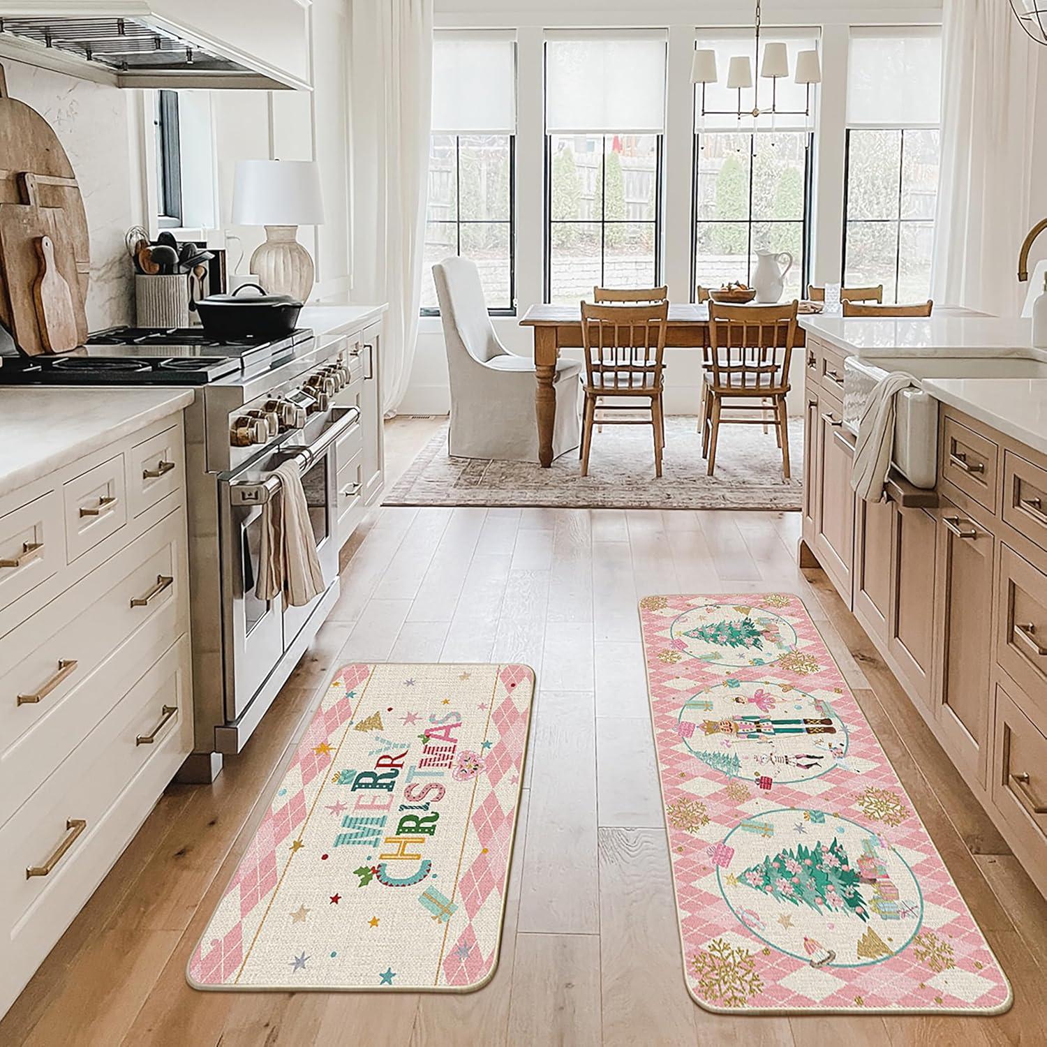 imageArtoid Mode Red Diamond Plaid Nutcracker Merry Christmas Kitchen Mats Set of 2 Winter Decor LowProfile Kitchen Rugs for Floor 17x29 and 17x47 InchPink