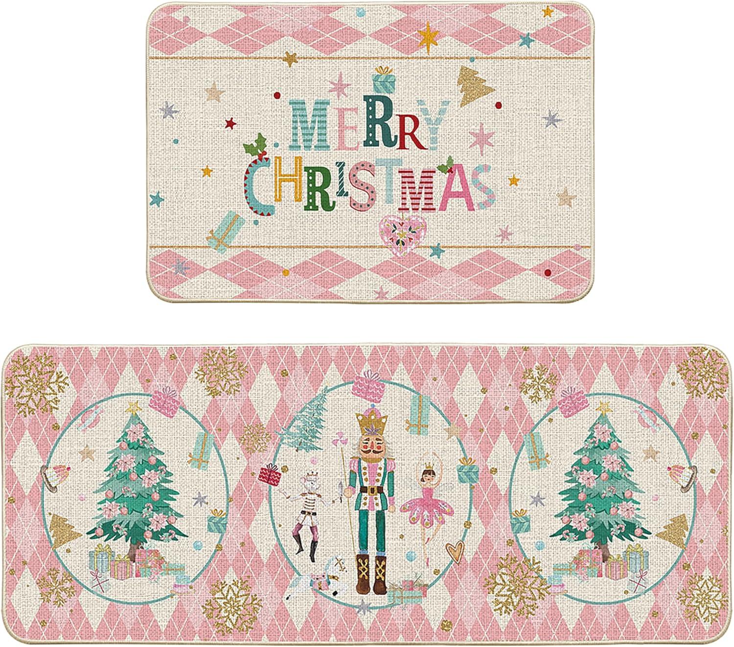 imageArtoid Mode Red Diamond Plaid Nutcracker Merry Christmas Kitchen Mats Set of 2 Winter Decor LowProfile Kitchen Rugs for Floor 17x29 and 17x47 InchPink