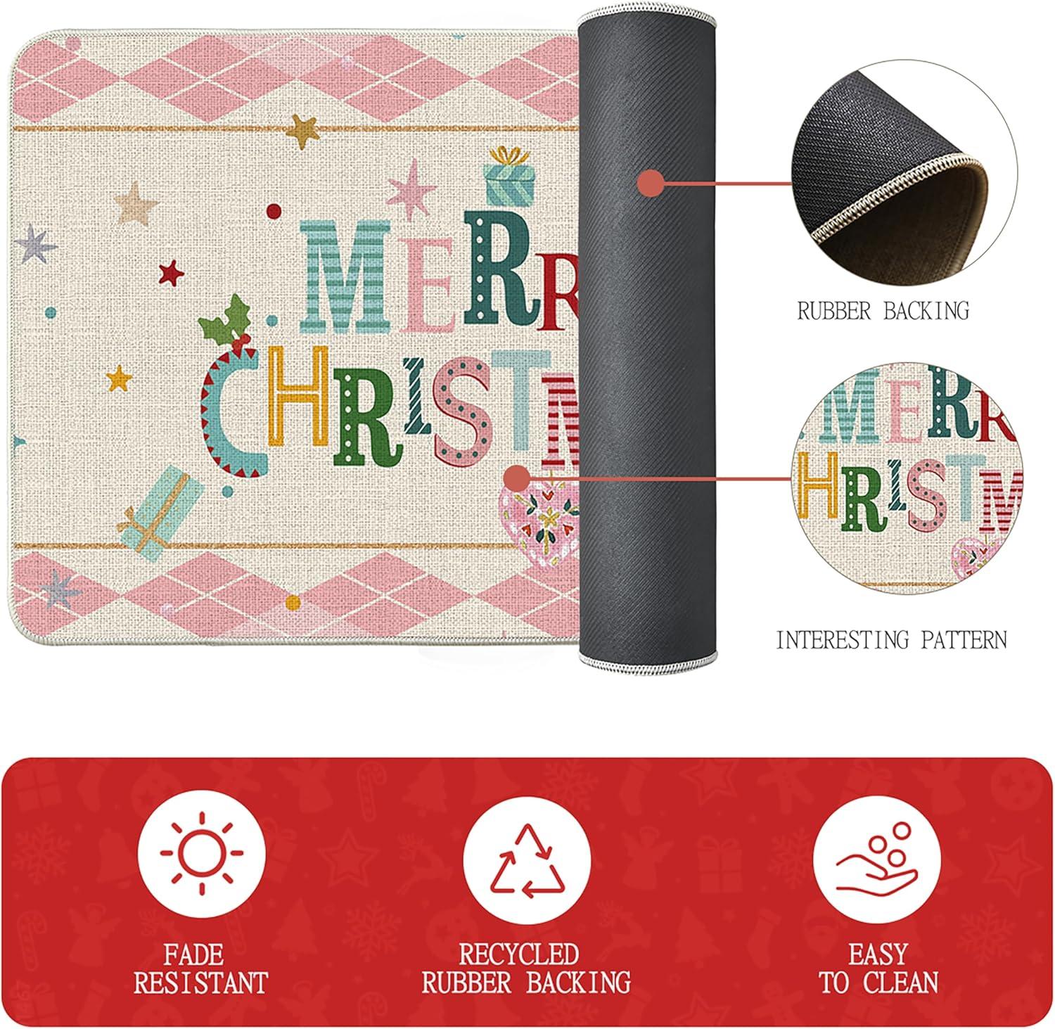 imageArtoid Mode Red Diamond Plaid Nutcracker Merry Christmas Kitchen Mats Set of 2 Winter Decor LowProfile Kitchen Rugs for Floor 17x29 and 17x47 InchPink