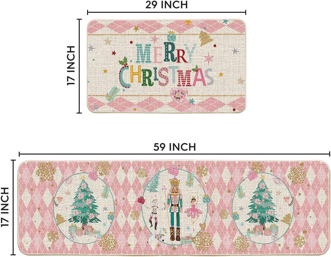 imageArtoid Mode Red Diamond Plaid Nutcracker Merry Christmas Kitchen Mats Set of 2 Winter Decor LowProfile Kitchen Rugs for Floor 17x29 and 17x47 InchPink