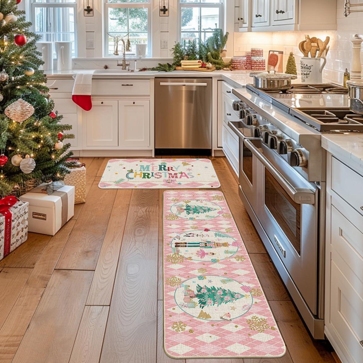 imageArtoid Mode Red Diamond Plaid Nutcracker Merry Christmas Kitchen Mats Set of 2 Winter Decor LowProfile Kitchen Rugs for Floor 17x29 and 17x47 InchPink