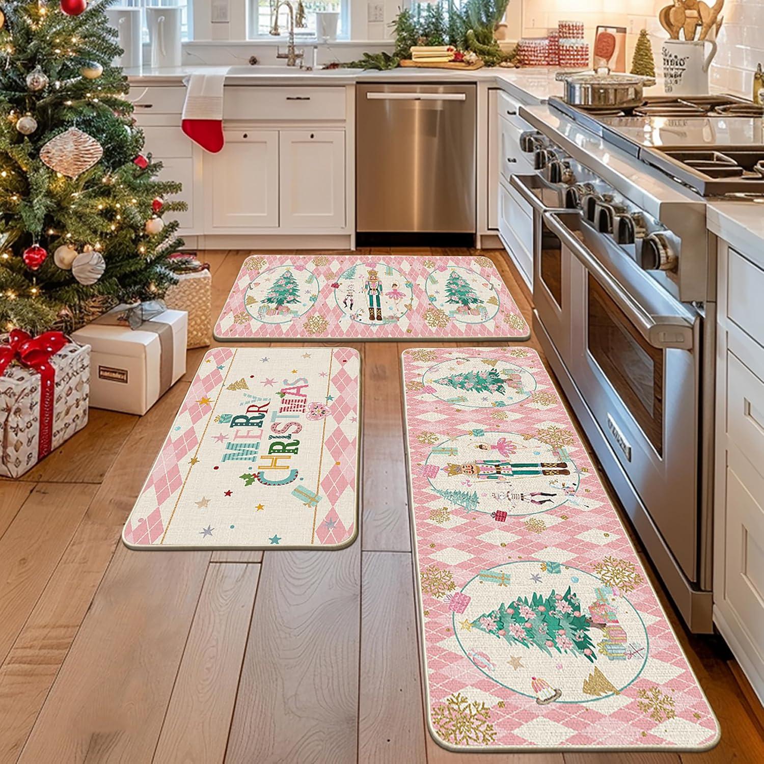 imageArtoid Mode Red Diamond Plaid Nutcracker Merry Christmas Kitchen Mats Set of 2 Winter Decor LowProfile Kitchen Rugs for Floor 17x29 and 17x47 InchPink