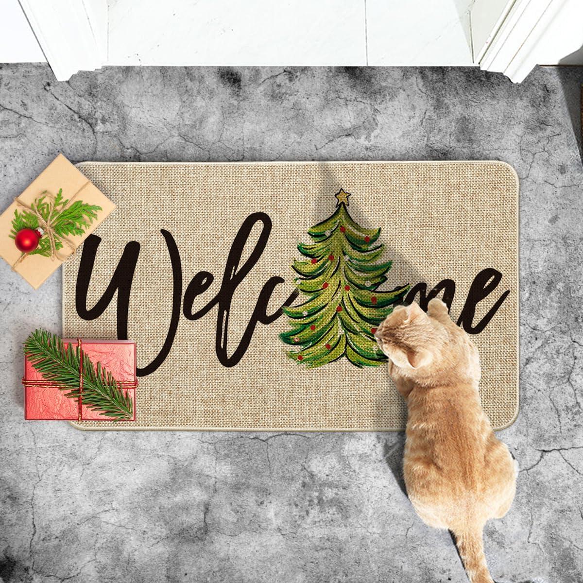 imageArtoid Mode Red Xmas Tree Christmas Welcome Doormat Winter Home Decor LowProfile Switch Rug Door Mat Floor Mat for Indoor Outdoor 17x29 InchBeige