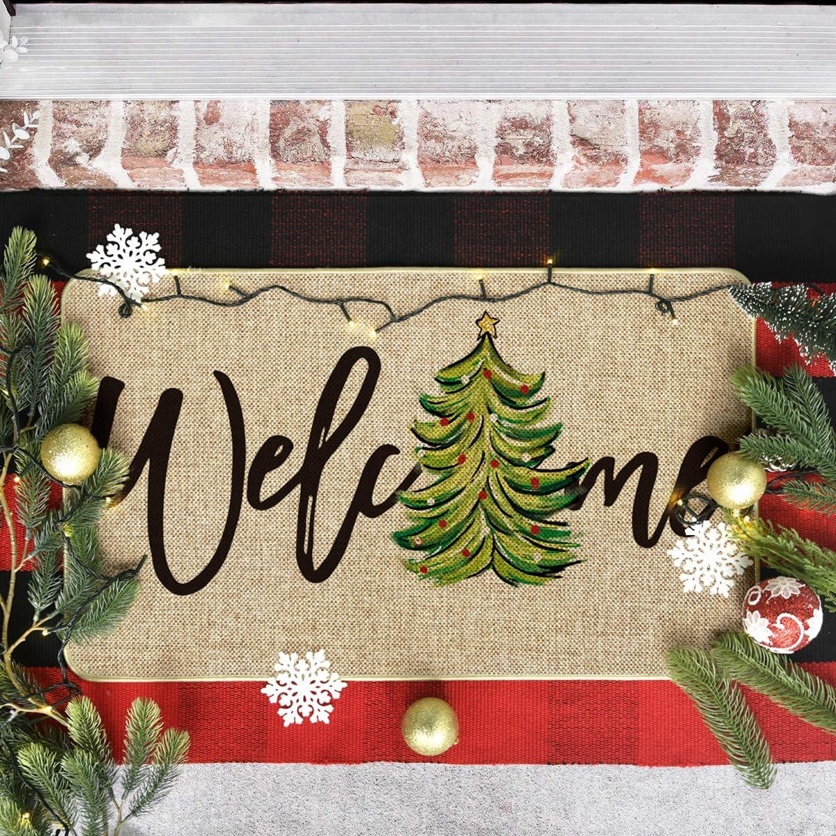 imageArtoid Mode Red Xmas Tree Christmas Welcome Doormat Winter Home Decor LowProfile Switch Rug Door Mat Floor Mat for Indoor Outdoor 17x29 InchBeige