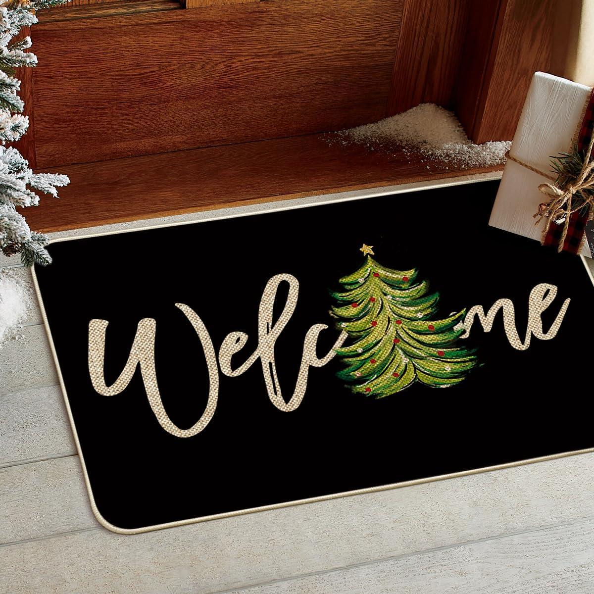 imageArtoid Mode Red Xmas Tree Christmas Welcome Doormat Winter Home Decor LowProfile Switch Rug Door Mat Floor Mat for Indoor Outdoor 17x29 InchBlack