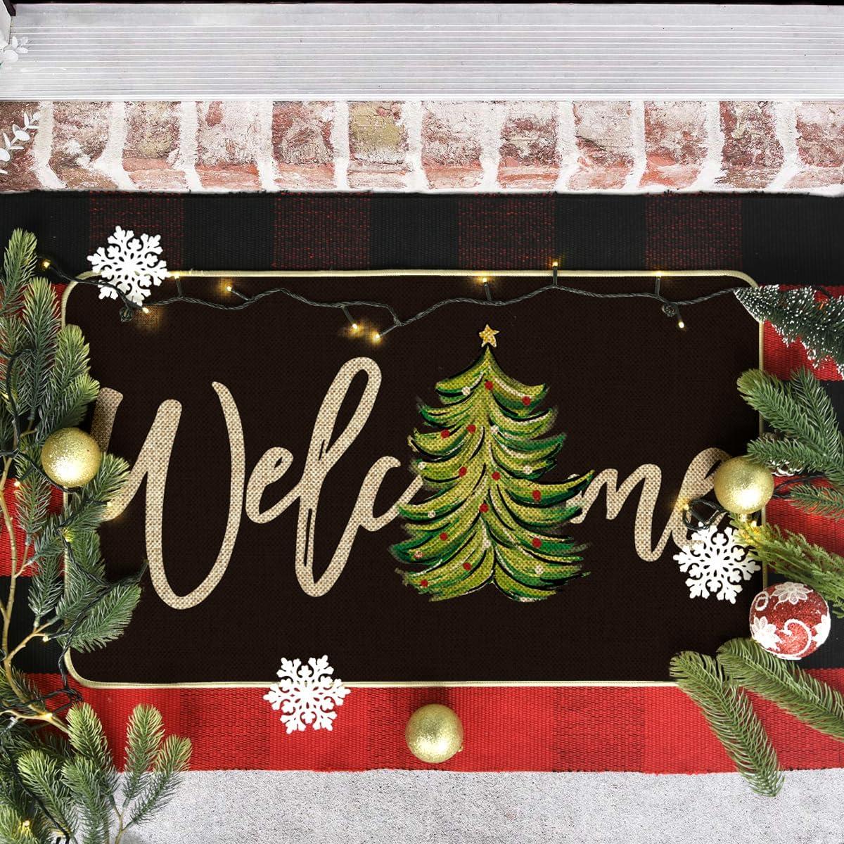 imageArtoid Mode Red Xmas Tree Christmas Welcome Doormat Winter Home Decor LowProfile Switch Rug Door Mat Floor Mat for Indoor Outdoor 17x29 InchBlack