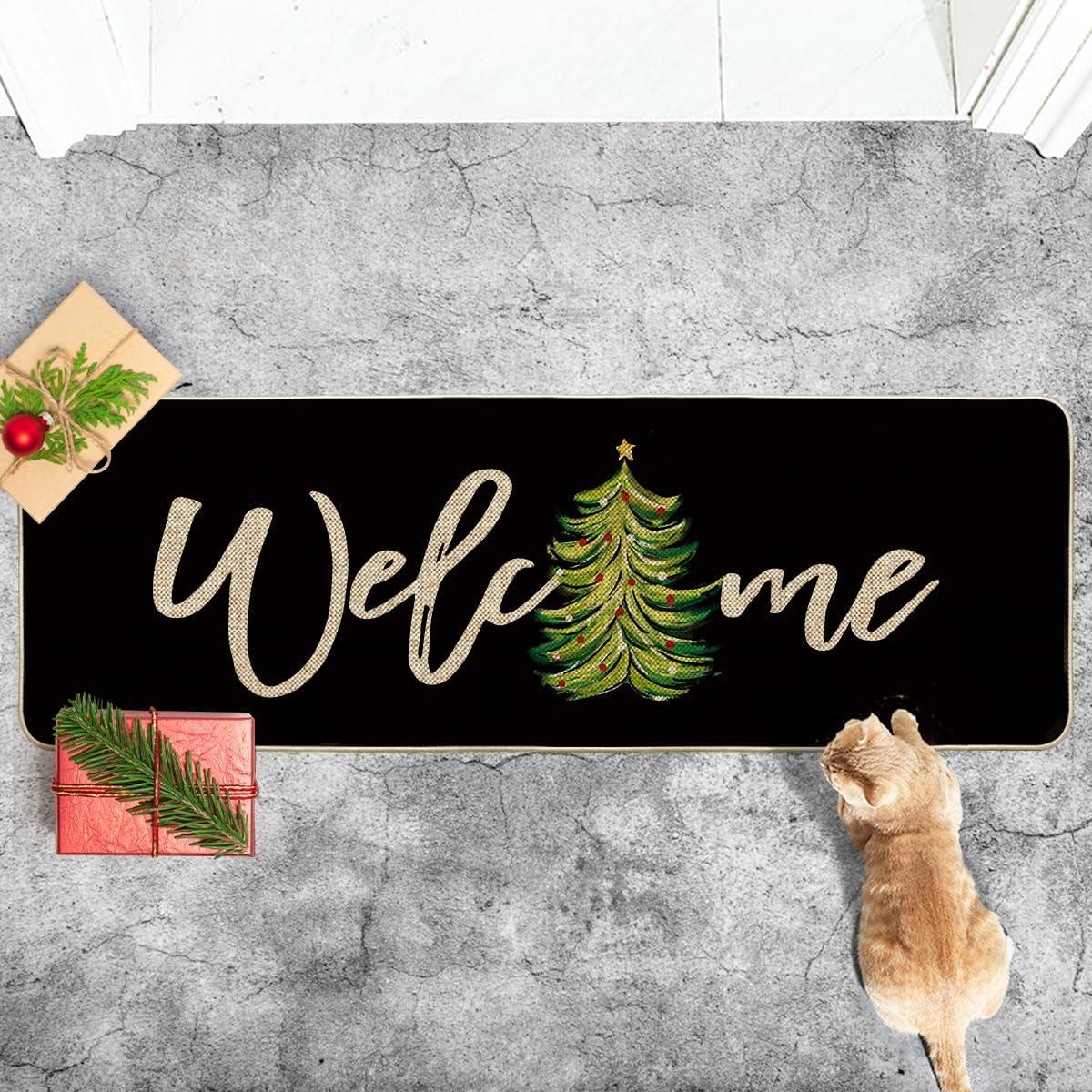 imageArtoid Mode Red Xmas Tree Christmas Welcome Doormat Winter Home Decor LowProfile Switch Rug Door Mat Floor Mat for Indoor Outdoor 17x29 InchBlack