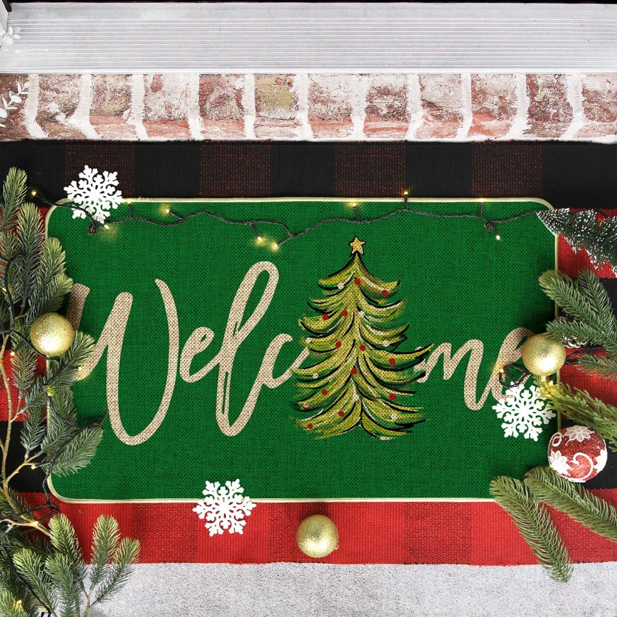 imageArtoid Mode Red Xmas Tree Christmas Welcome Doormat Winter Home Decor LowProfile Switch Rug Door Mat Floor Mat for Indoor Outdoor 17x29 InchGreen