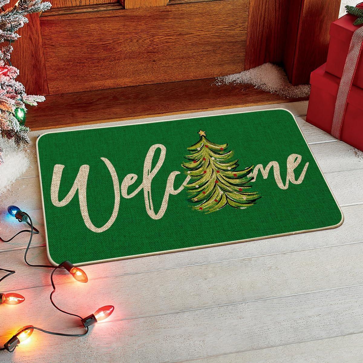 imageArtoid Mode Red Xmas Tree Christmas Welcome Doormat Winter Home Decor LowProfile Switch Rug Door Mat Floor Mat for Indoor Outdoor 17x29 InchGreen
