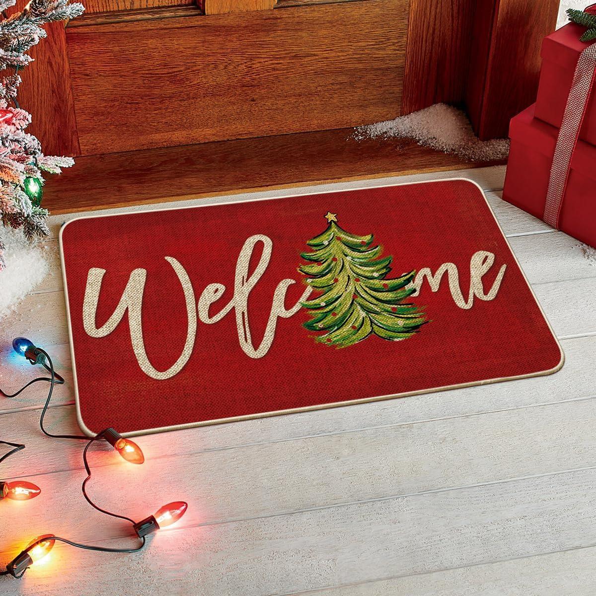 imageArtoid Mode Red Xmas Tree Christmas Welcome Doormat Winter Home Decor LowProfile Switch Rug Door Mat Floor Mat for Indoor Outdoor 17x29 InchRed