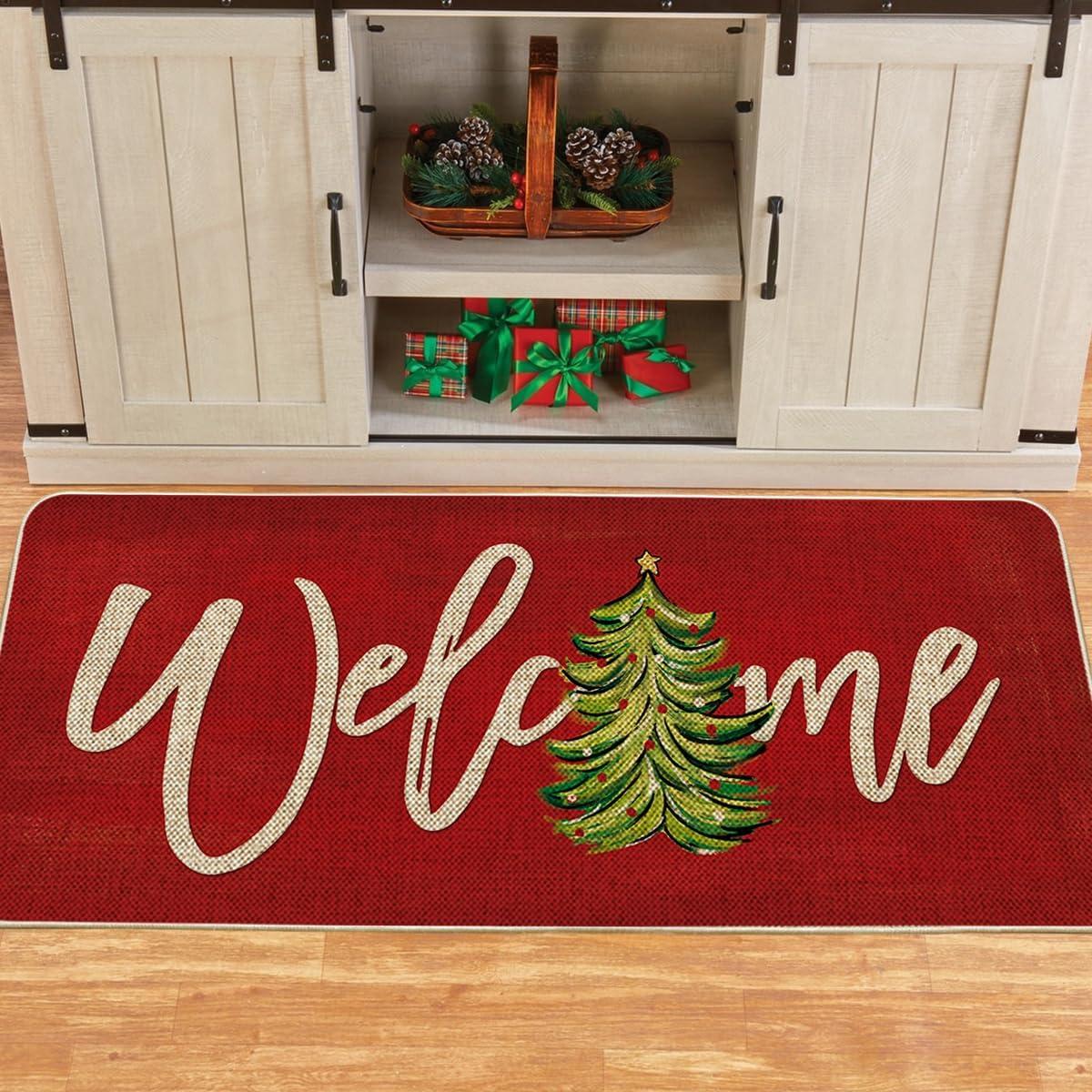 imageArtoid Mode Red Xmas Tree Christmas Welcome Doormat Winter Home Decor LowProfile Switch Rug Door Mat Floor Mat for Indoor Outdoor 17x29 InchRed