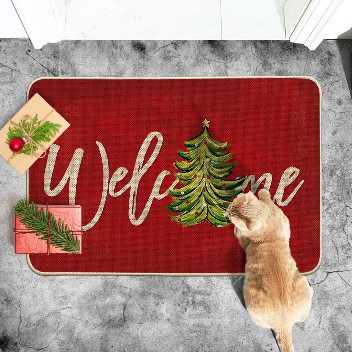 imageArtoid Mode Red Xmas Tree Christmas Welcome Doormat Winter Home Decor LowProfile Switch Rug Door Mat Floor Mat for Indoor Outdoor 17x29 InchRed