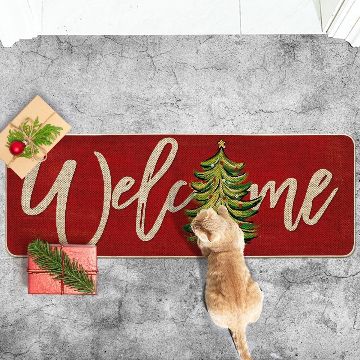 imageArtoid Mode Red Xmas Tree Christmas Welcome Doormat Winter Home Decor LowProfile Switch Rug Door Mat Floor Mat for Indoor Outdoor 17x29 InchRed