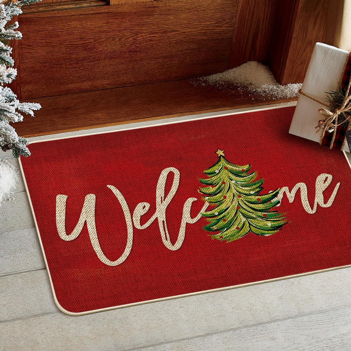 imageArtoid Mode Red Xmas Tree Christmas Welcome Doormat Winter Home Decor LowProfile Switch Rug Door Mat Floor Mat for Indoor Outdoor 17x29 InchRed