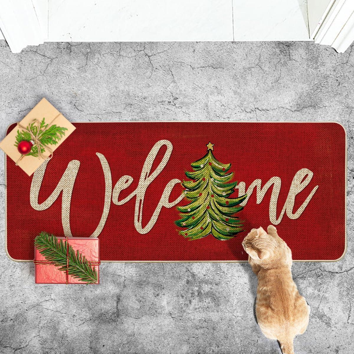imageArtoid Mode Red Xmas Tree Christmas Welcome Doormat Winter Home Decor LowProfile Switch Rug Door Mat Floor Mat for Indoor Outdoor 17x29 InchRed