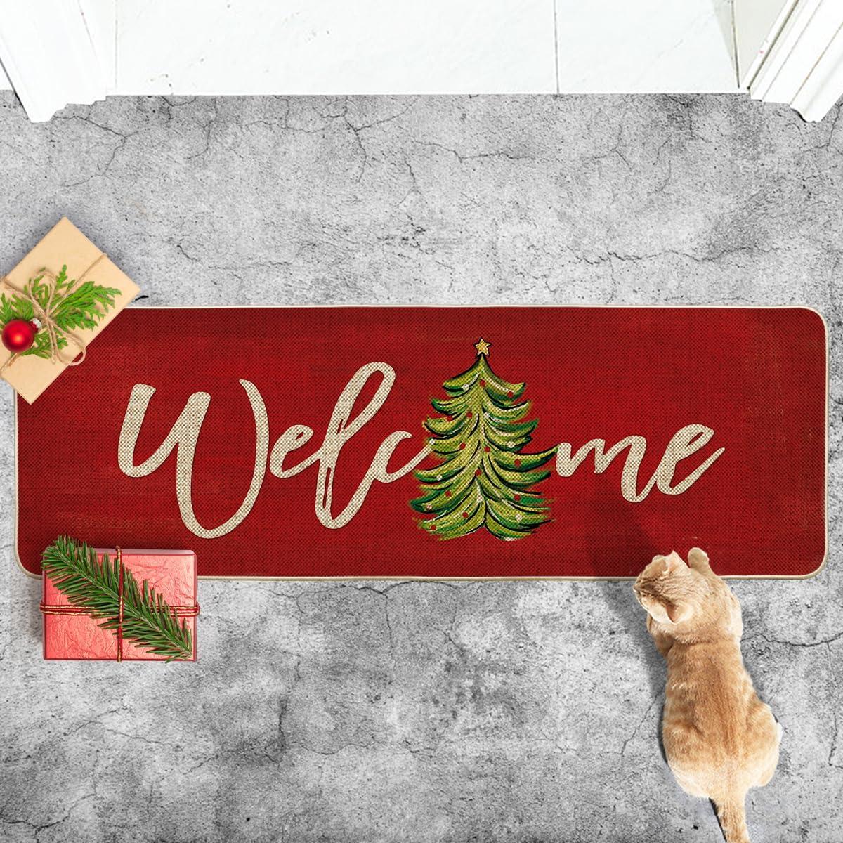 imageArtoid Mode Red Xmas Tree Christmas Welcome Doormat Winter Home Decor LowProfile Switch Rug Door Mat Floor Mat for Indoor Outdoor 17x29 InchRed