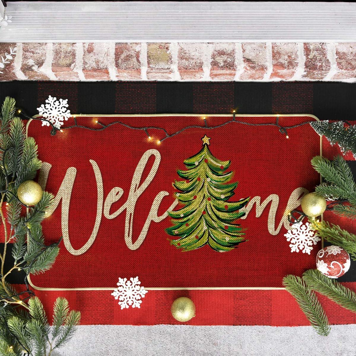 imageArtoid Mode Red Xmas Tree Christmas Welcome Doormat Winter Home Decor LowProfile Switch Rug Door Mat Floor Mat for Indoor Outdoor 17x29 InchRed