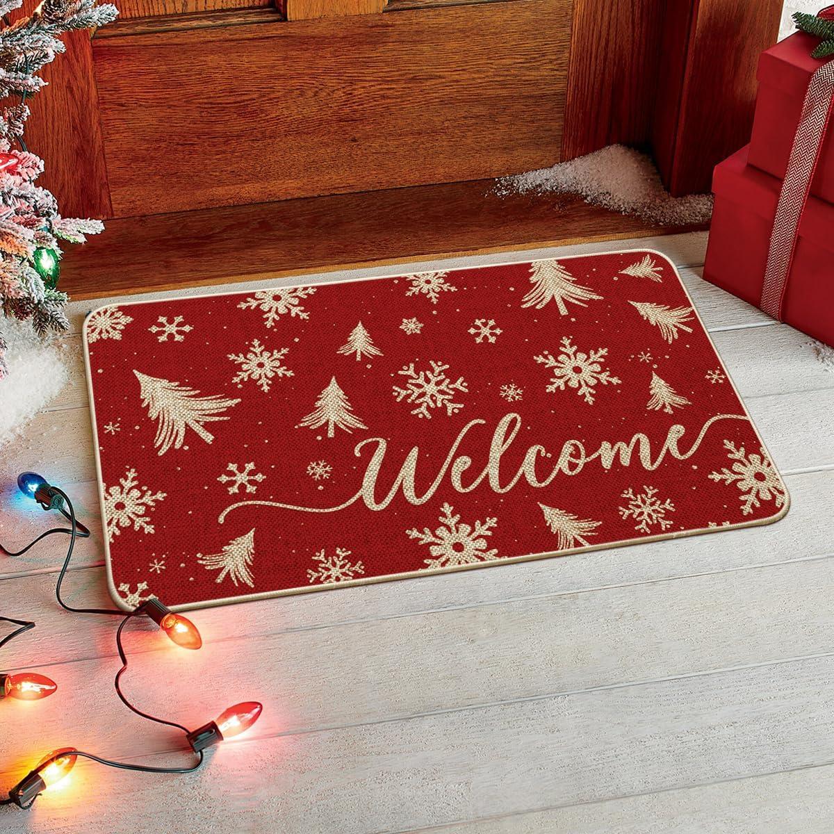 imageArtoid Mode Red Xmas Trees Christmas Welcome Doormat Snowflake Winter Home Decor LowProfile Switch Rug Door Mat Floor Mat for Indoor Outdoor 17x29 Inch