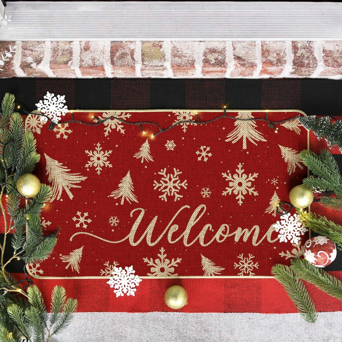 imageArtoid Mode Red Xmas Trees Christmas Welcome Doormat Snowflake Winter Home Decor LowProfile Switch Rug Door Mat Floor Mat for Indoor Outdoor 17x29 Inch