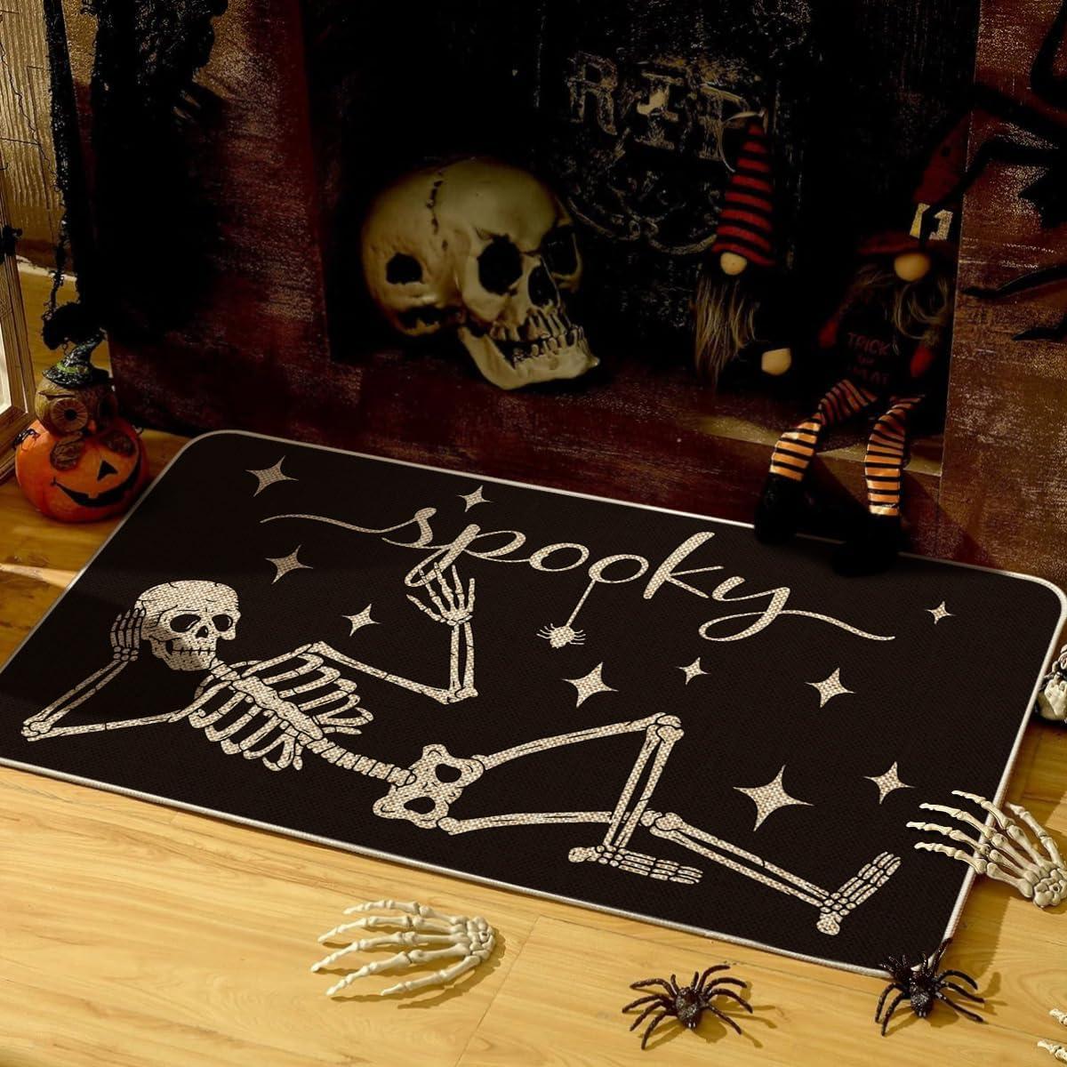 imageArtoid Mode Spooky Skeleton Spider Bone Black Halloween Doormat Home Decor LowProfile Switch Rug Door Mat Floor Mat for Indoor Outdoor 17x29 InchBlack