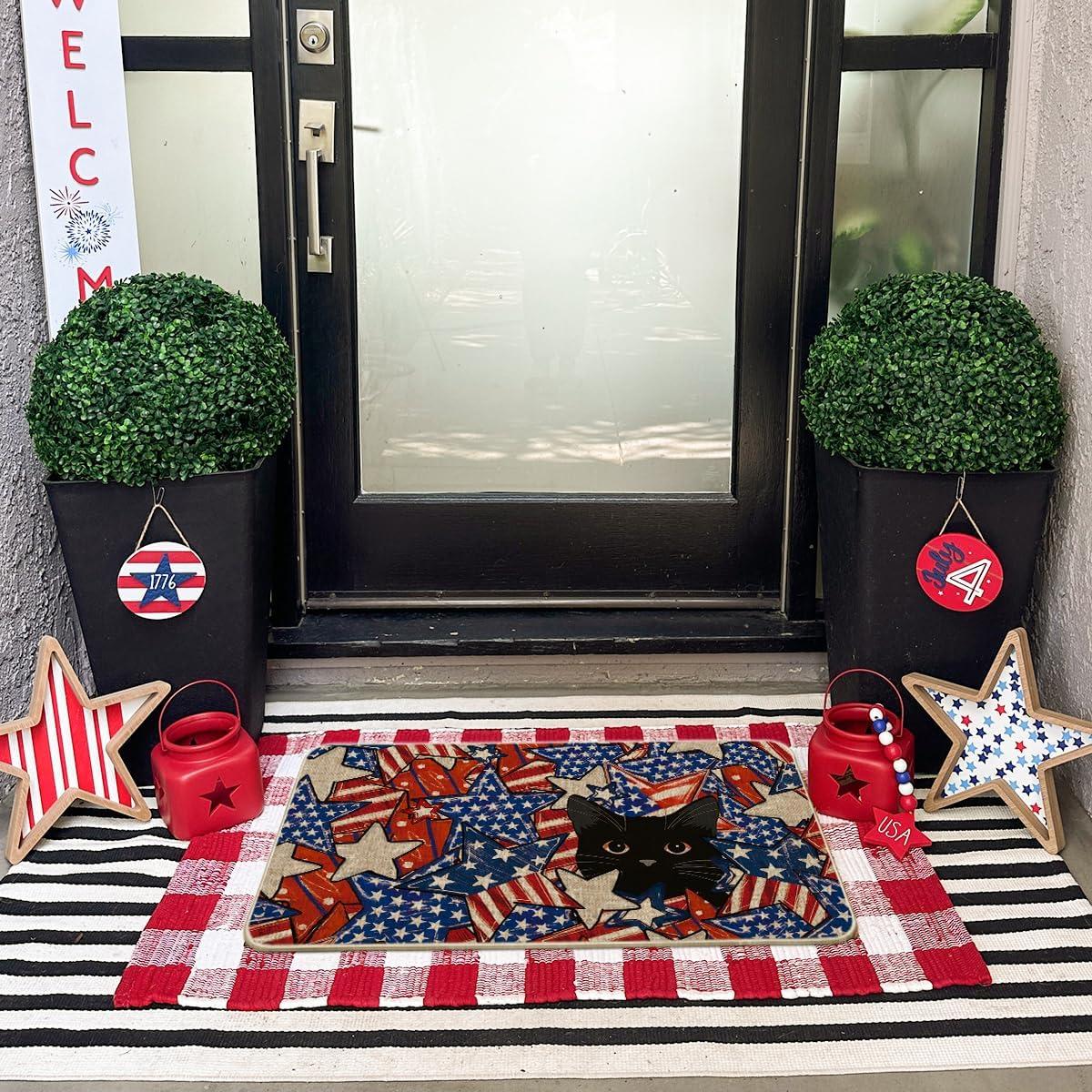 imageArtoid Mode Stars and Black Cat Patriotic 4TH of July Doormat Memorial Day Home Decor LowProfile Switch Rug Door Mat Floor Mat for Indoor Outdoor 17x29 Inch