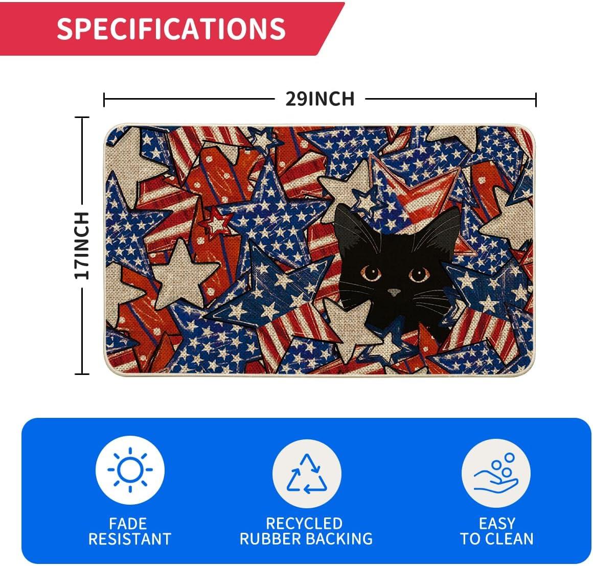 imageArtoid Mode Stars and Black Cat Patriotic 4TH of July Doormat Memorial Day Home Decor LowProfile Switch Rug Door Mat Floor Mat for Indoor Outdoor 17x29 Inch