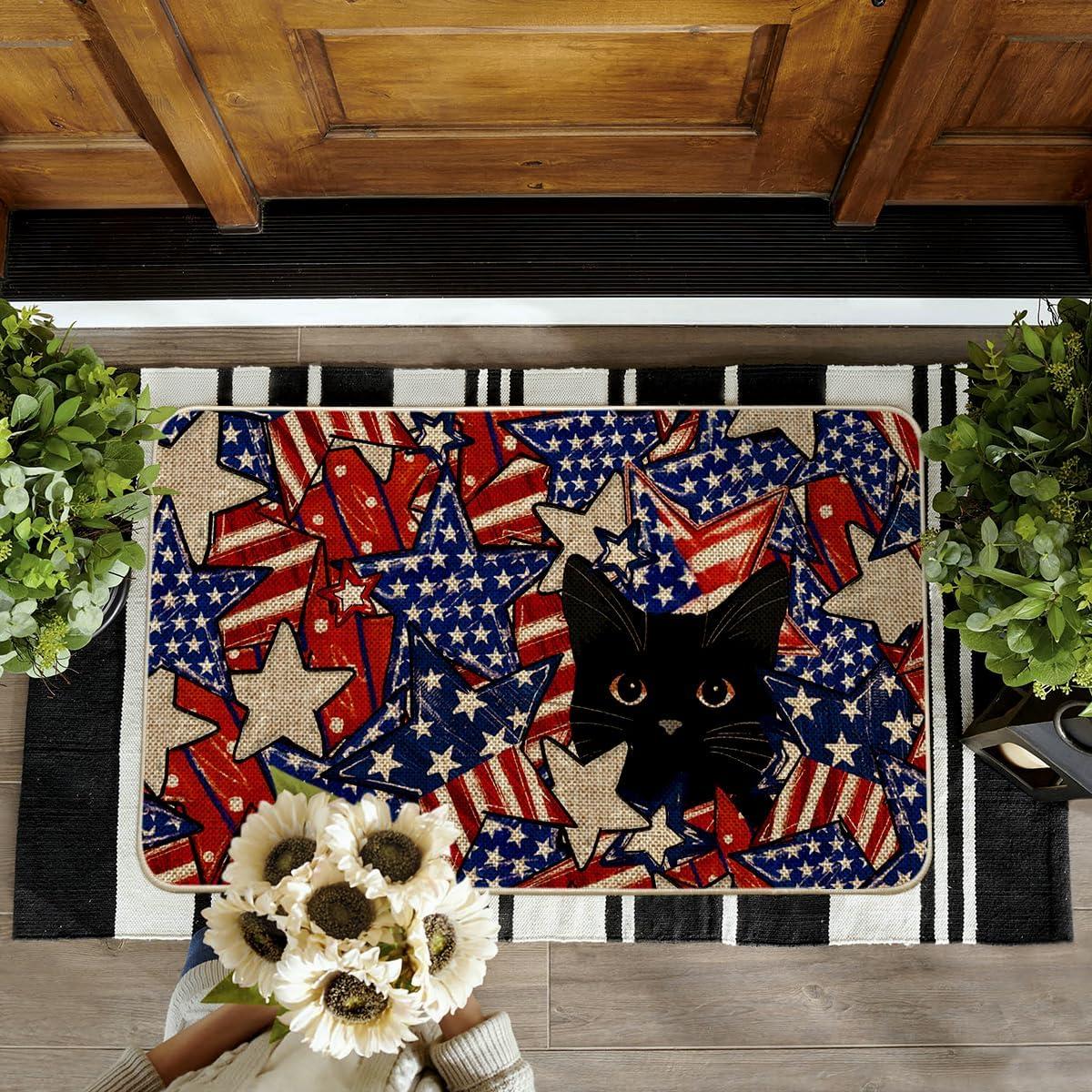 imageArtoid Mode Stars and Black Cat Patriotic 4TH of July Doormat Memorial Day Home Decor LowProfile Switch Rug Door Mat Floor Mat for Indoor Outdoor 17x29 Inch