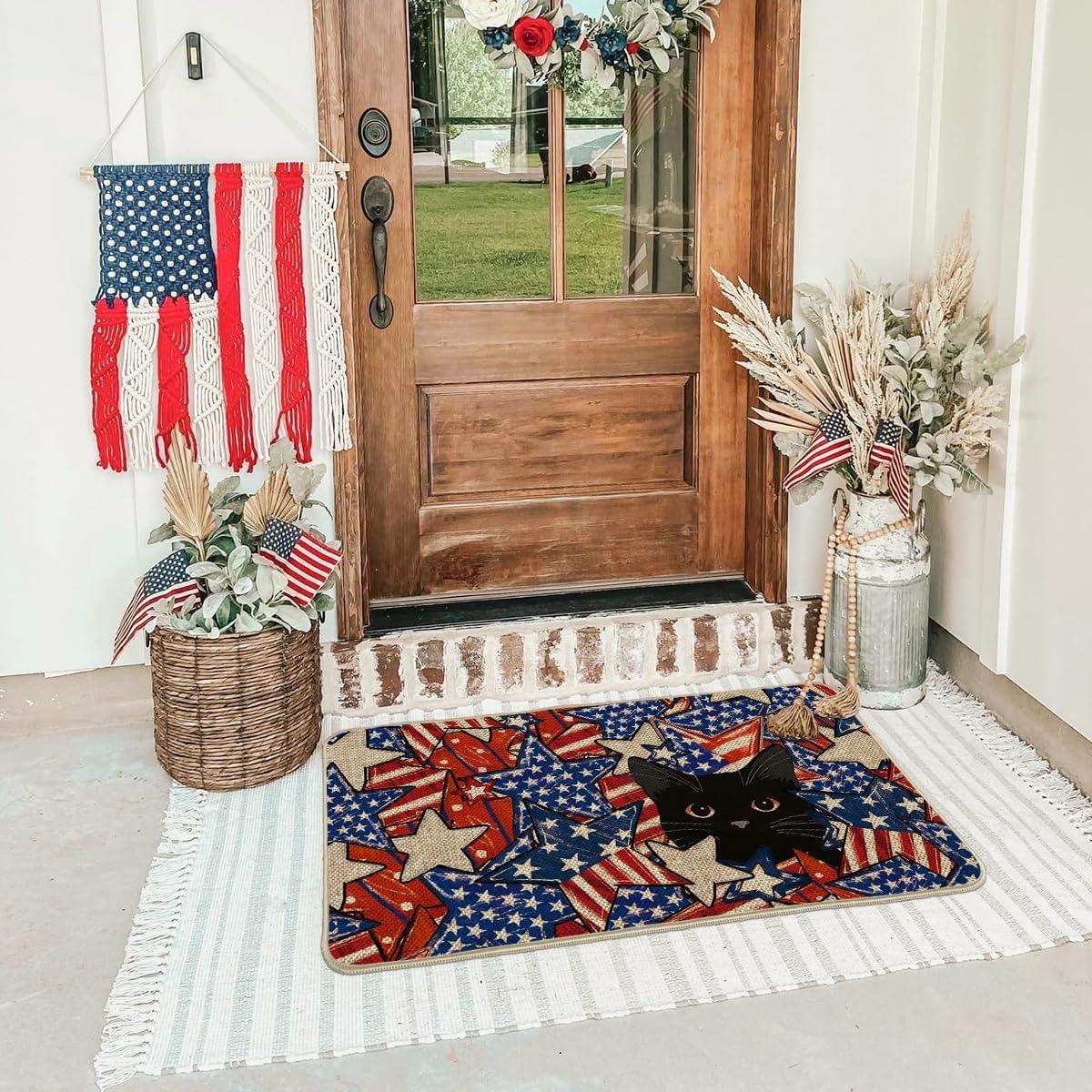 imageArtoid Mode Stars and Black Cat Patriotic 4TH of July Doormat Memorial Day Home Decor LowProfile Switch Rug Door Mat Floor Mat for Indoor Outdoor 17x29 Inch