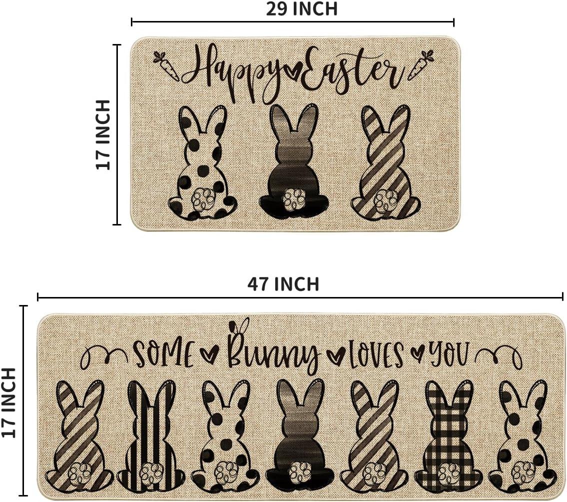 imageArtoid Mode Stripes Dots Bunny Rabbits Happy Easter Kitchen Mats Set of 2 Spring Home Decor LowProfile Kitchen Rugs for Floor 17x29 and 17x47 InchBlack